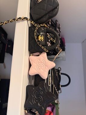 CHANEL Pink Star Quilted Charm Key Pouch with Gold Chain